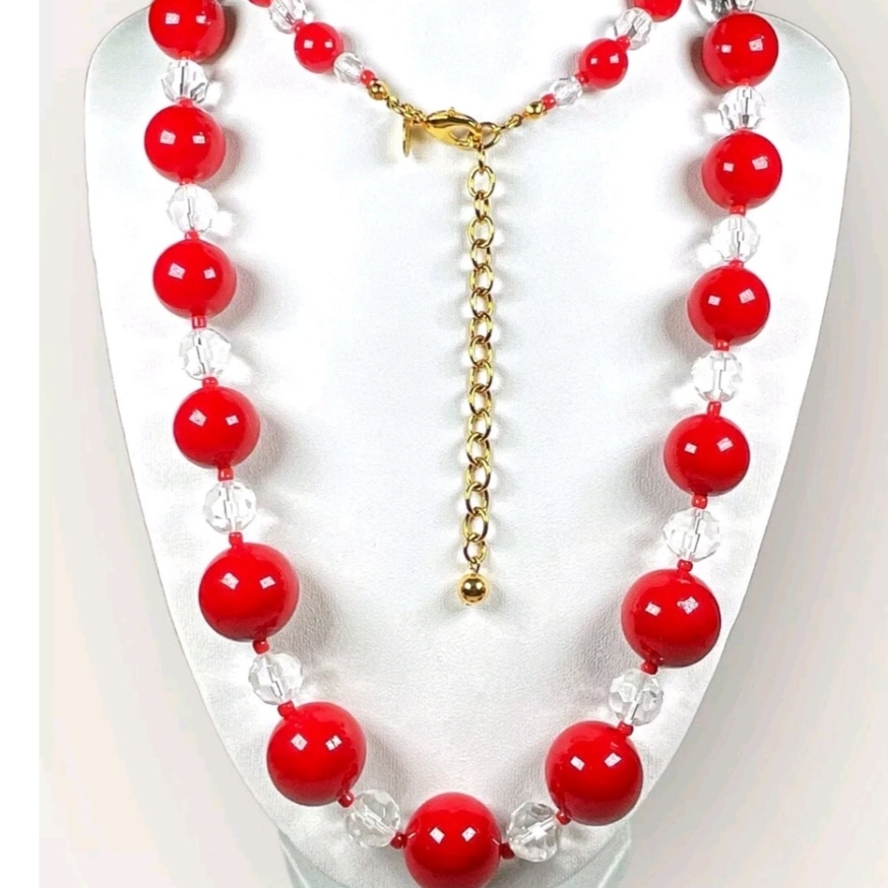 JOAN RIVERS Single Strand Necklace w/Crystal and Red Acrylic Beads, 32" - Picture 1 of 8